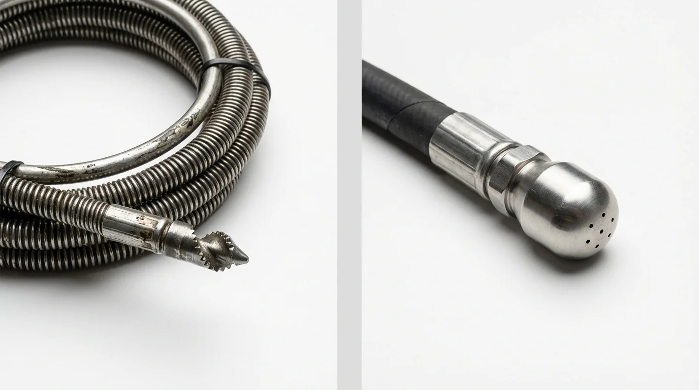 Drain snake cable and hydro jetting nozzle used for drain cleaning in Monterey Park, CA