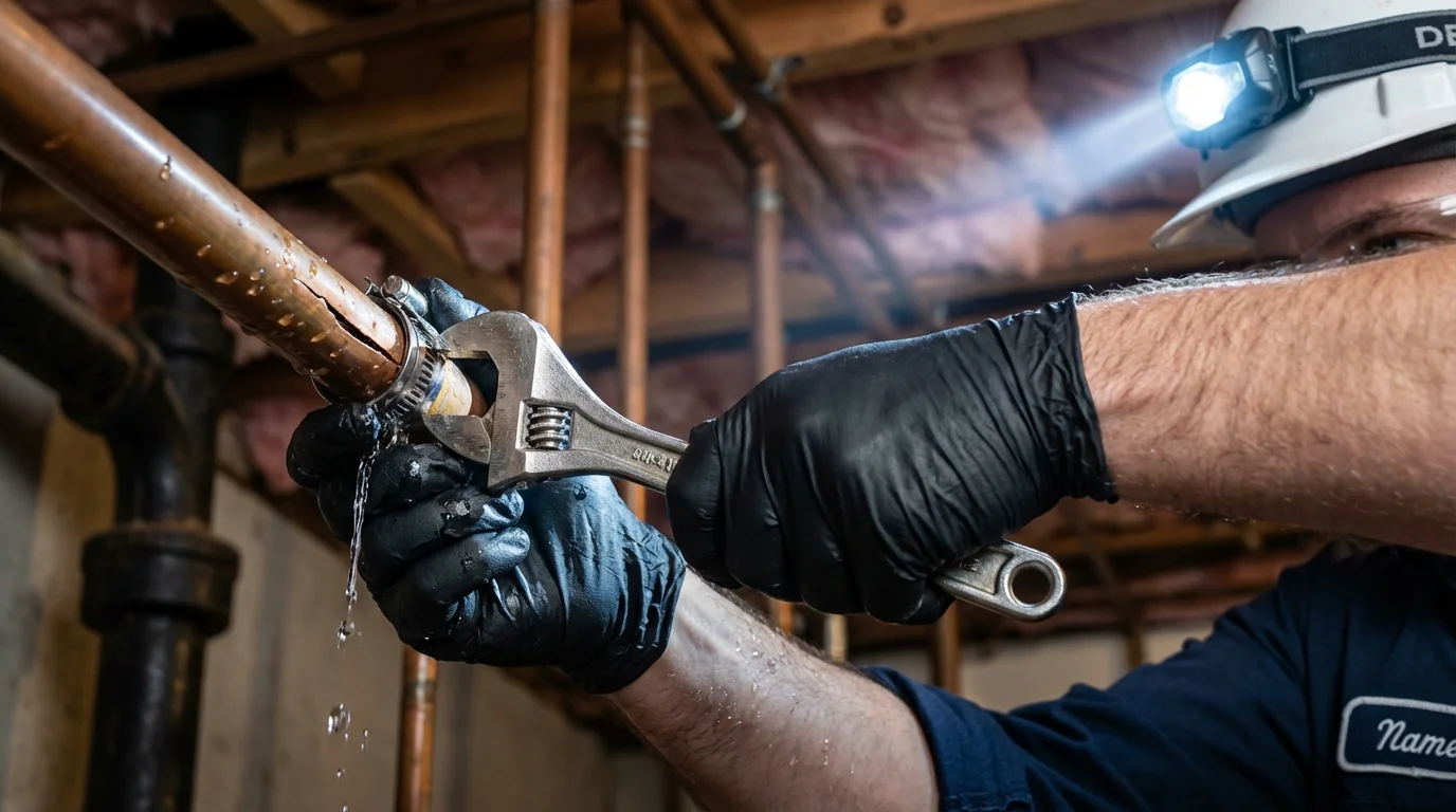 Emergency pipe clamp repair being performed by a Johns Plumbing LLC plumber in Monterey Park