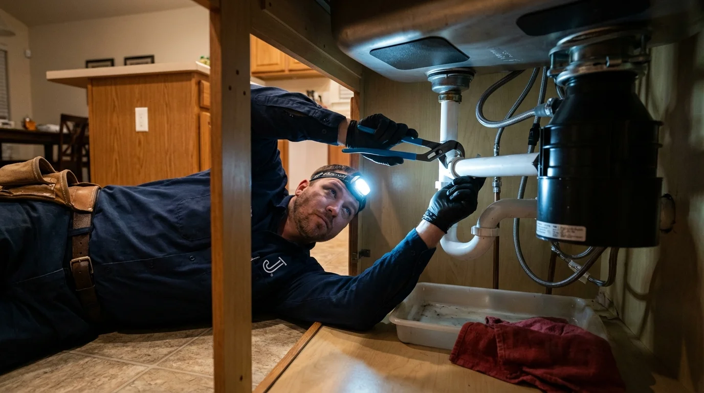 P-trap and supply line connections under a kitchen sink showing a common leak point in Monterey Park, CA